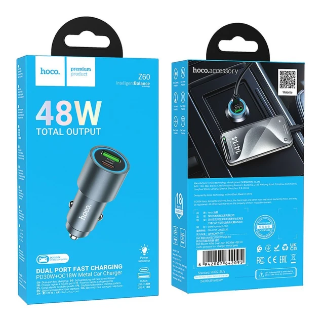 Автомобільний зарядний пристрій Hoco Z60 USB A + USB C QC3.0 PD 48W Black (6942007642095)