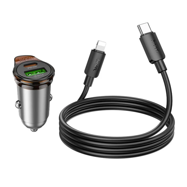 Автомобільний зарядний пристрій Hoco NZ16A USB A + USB C QC3.0 PD 3A 43W + кабель USB C to Lightning Grey (6942007644754)