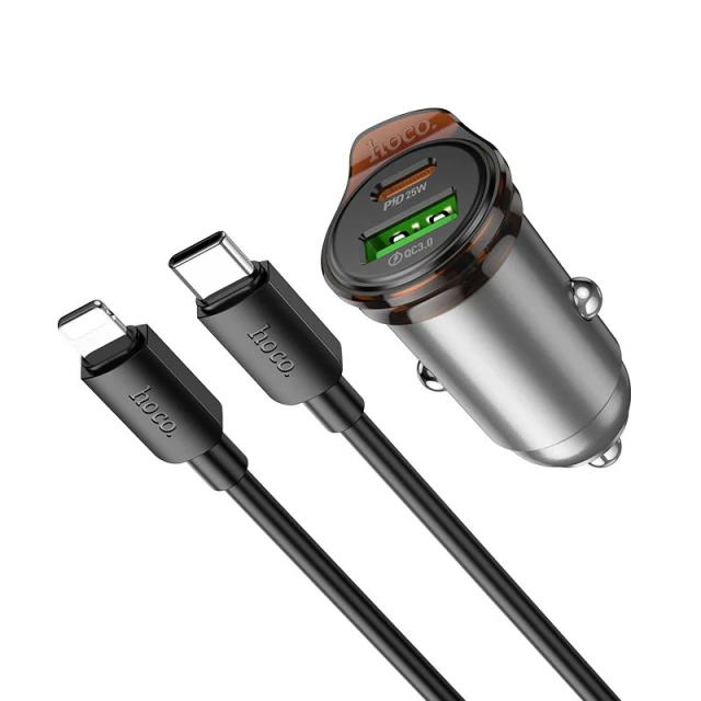 Автомобільний зарядний пристрій Hoco NZ16A USB A + USB C QC3.0 PD 3A 43W + кабель USB C to Lightning Grey (6942007644754)