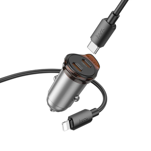 Автозарядка Hoco NZ16B 2x USB-C QC PD 45W + кабель USB-C to Lightning Grey (6942007644785)