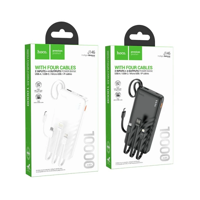 Портативний зарядний пристрій Hoco J146 10000 mAh 2A з вбудованими кабелями USB A + USB C + Lightning + Micro USB Black (6942007645898)