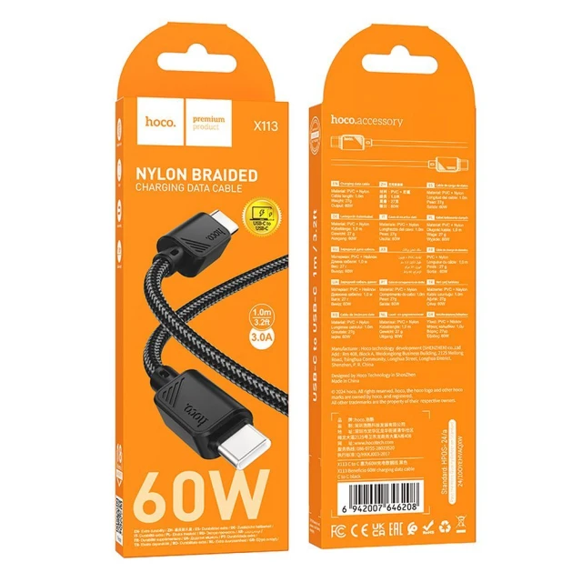 Кабель Hoco X113 USB-C to USB-C 3A 60W 1m Black (6942007646208)