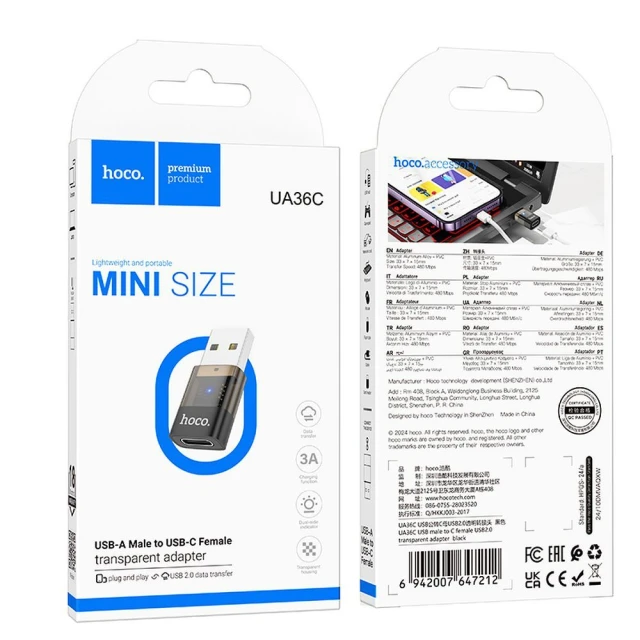 Адаптер Hoco UA36C USB A to USB C Transparent Black (6942007647212)
