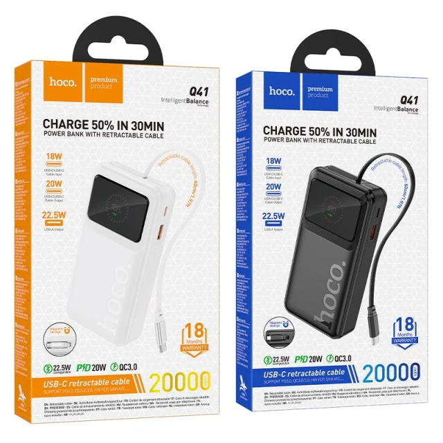Портативний зарядний пристрій Hoco Q41 20000 mAh QC PD 2A 22,5 Вт з вбудованим кабелем USB C White (6942007648097)