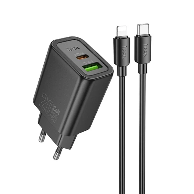 Сетевое зарядное устройство Hoco N61 USB A + USB C QC3.0 PD 20W + кабель USB C к Lightning Black (6942007648691)