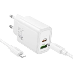 Мережевий зарядний пристрій Hoco N61 USB A + USB C QC3.0 PD 3A 20W + кабель USB C to Lightning White (6942007648707)