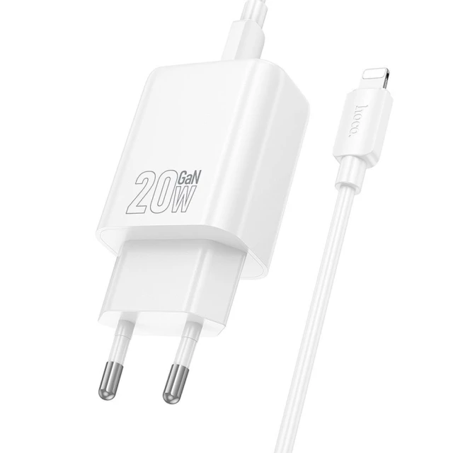 Мережевий зарядний пристрій Hoco N61 USB A + USB C QC3.0 PD 3A 20W + кабель USB C to Lightning White (6942007648707)