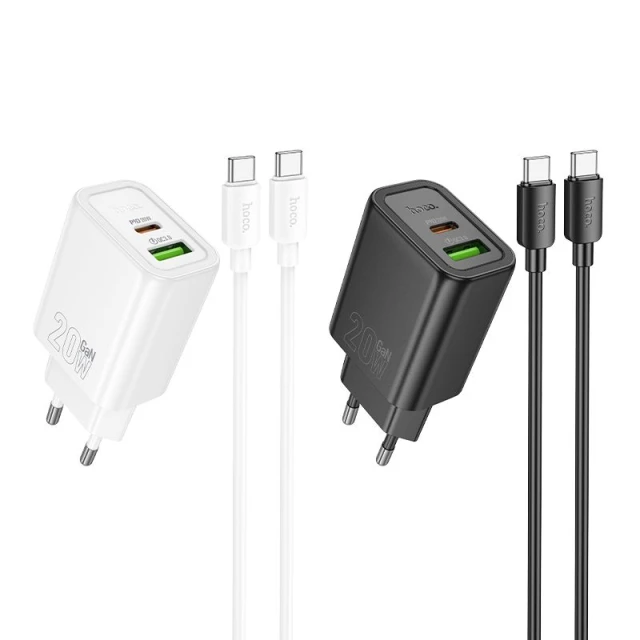 Зарядний пристрій Hoco N61 USB A + USB C QC3.0 PD 3A 20W + кабель USB C to USB C Black (6942007648714)