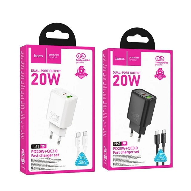 Мережевий зарядний пристрій Hoco N61 USB A + USB C QC3.0 PD 20W + кабель USB C до USB C White (6942007648721)