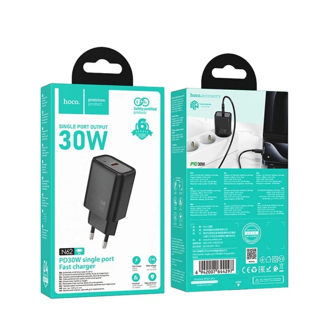 Мережевий зарядний пристрій Hoco N62 USB C QC PD 30W Black (6942007648738)