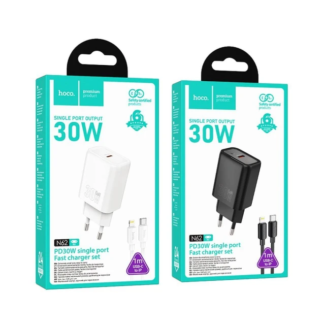 Сетевое зарядное устройство Hoco N62 USB C QC PD 30W + кабель USB C к Lightning Black (6942007648752)