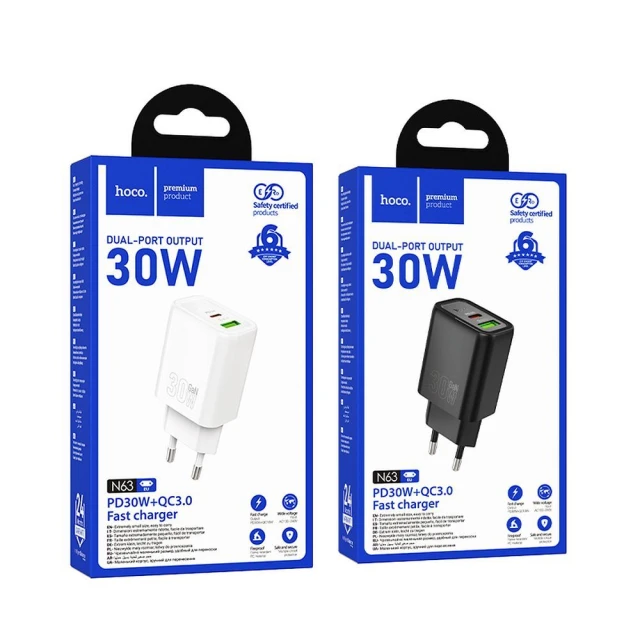 Мережевий зарядний пристрій Hoco N63 USB A + USB C QC3.0 PD 30W Black (6942007648790)