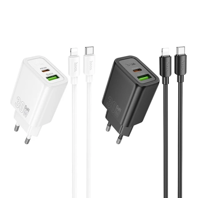 Мережевий зарядний пристрій Hoco N63 USB A + USB C QC3.0 PD 30W + кабель USB C до Lightning Black (6942007648813)