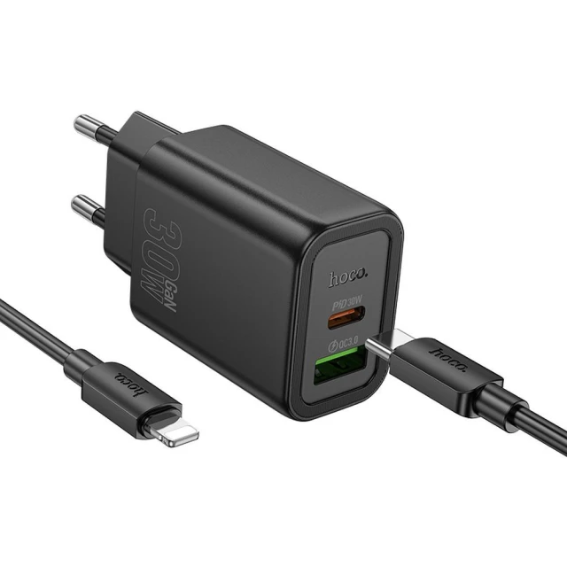 Мережевий зарядний пристрій Hoco N63 USB A + USB C QC3.0 PD 30W + кабель USB C до Lightning Black (6942007648813)