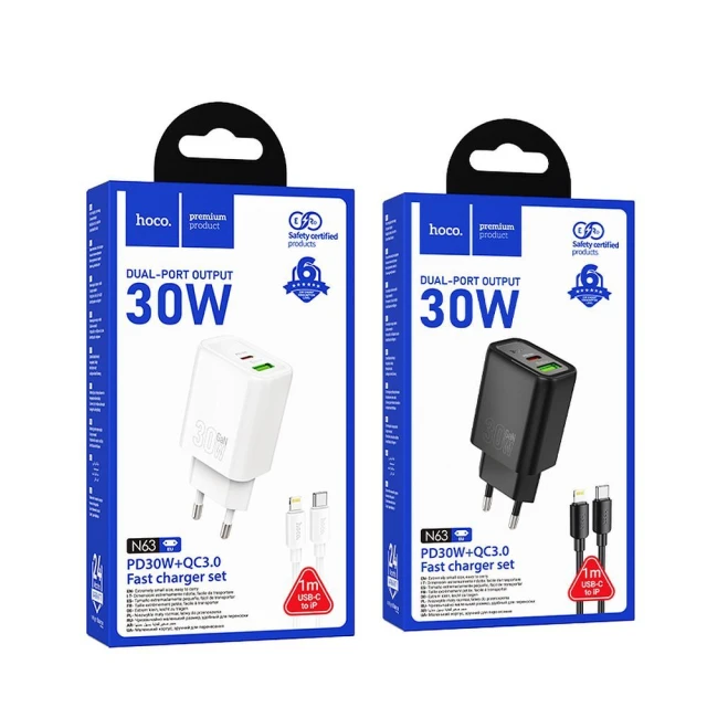 Мережевий зарядний пристрій Hoco N63 USB A + USB C QC3.0 PD 30W + кабель USB C до Lightning Black (6942007648813)