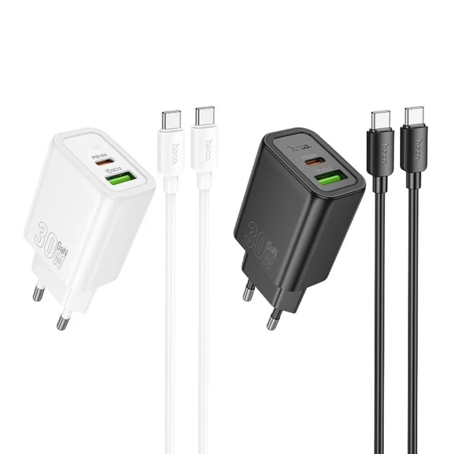 Сетевое зарядное устройство Hoco N63 USB A + USB C QC3.0 PD 30W + кабель USB C к USB C Black (6942007648837)