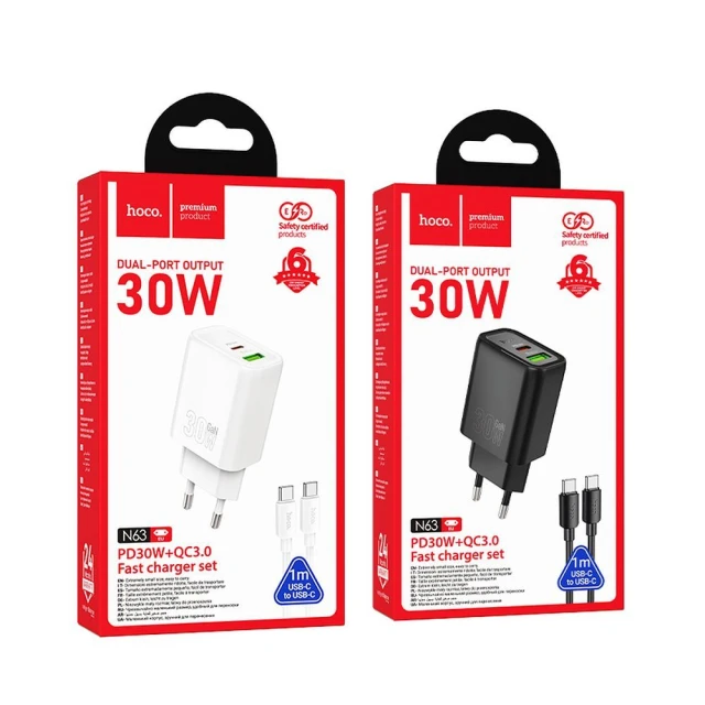 Сетевое зарядное устройство Hoco N63 USB A + USB C QC3.0 PD 30W + кабель USB C к USB C Black (6942007648837)