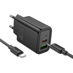 Мережевий зарядний пристрій Hoco N63 USB A + USB C QC3.0 PD 30W + кабель USB C до USB C Black (6942007648837)
