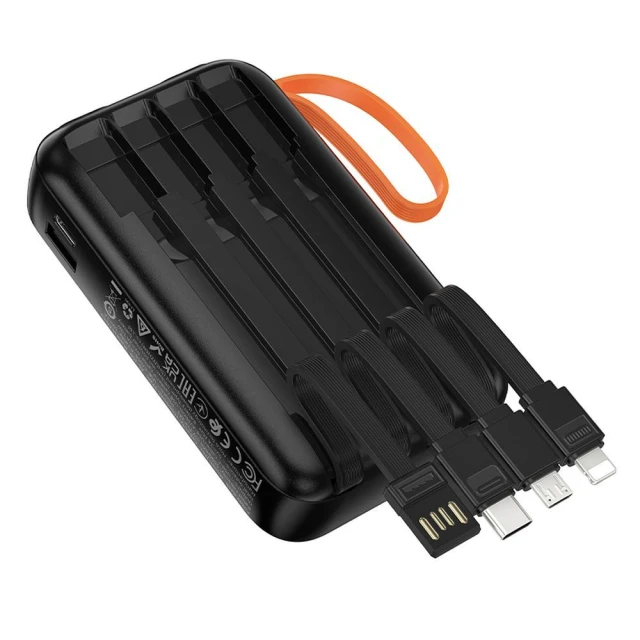 Портативний зарядний пристрій Hoco J151 10000 mAh 2A з кабелями USB-A, USB-C, Lightning, Micro USB та ліхтариком Black (6942007653350)