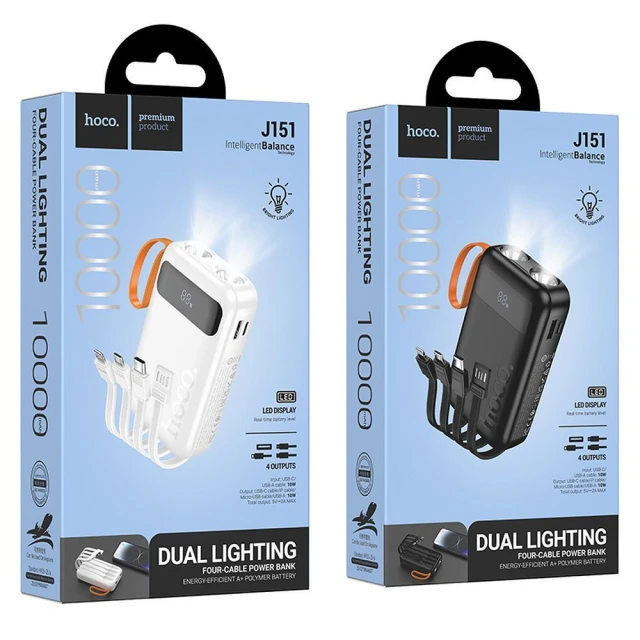 Портативний зарядний пристрій Hoco J151 10000 mAh 2A з кабелями USB-A, USB-C, Lightning, Micro USB та ліхтариком Black (6942007653350)