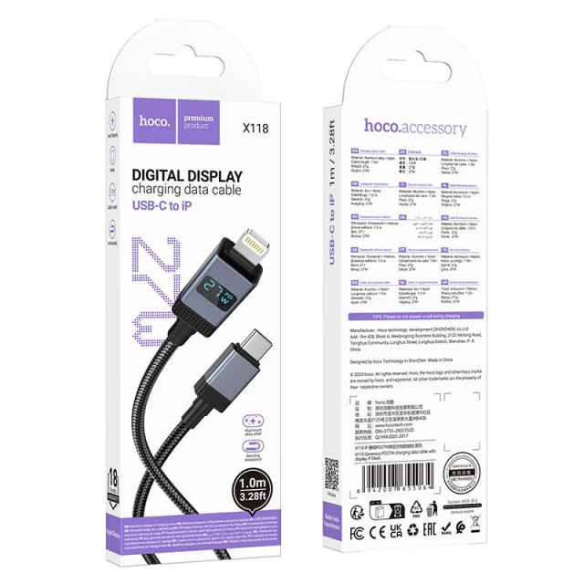 Кабель USB C до Lightning Hoco X118 PD 27W з дисплеєм 1 м Black (6942007655064)