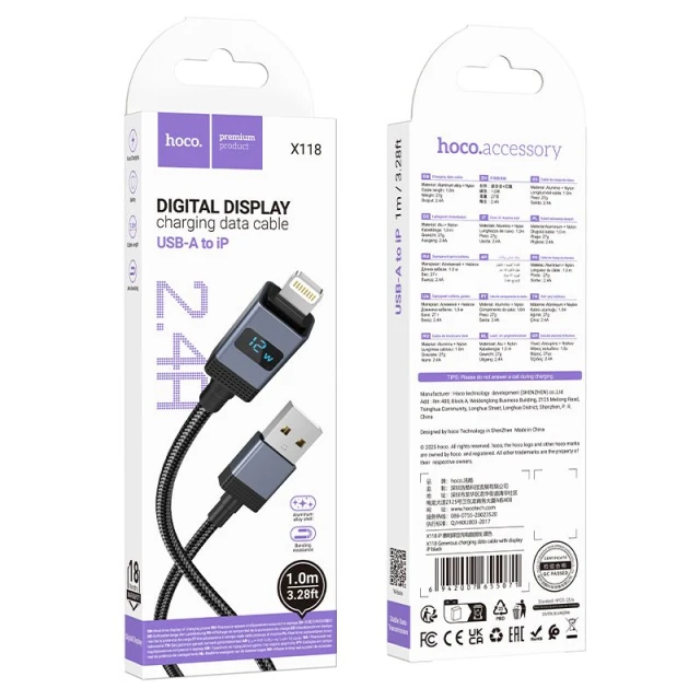 Кабель Hoco X118 USB-A to Lightning 2.4A з дисплеєм 1m Black (6942007655071)