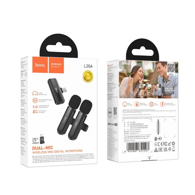 Мікрофон бездротовий подвійний Hoco L20A Lightning/USB-C Black (6942007655507)