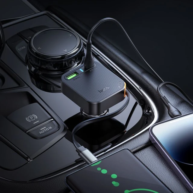 Автомобільний зарядний пристрій Hoco NZ18 зі згортаним кабелем 2x USB C + USB A QC PD 65W Black (6942007658546)