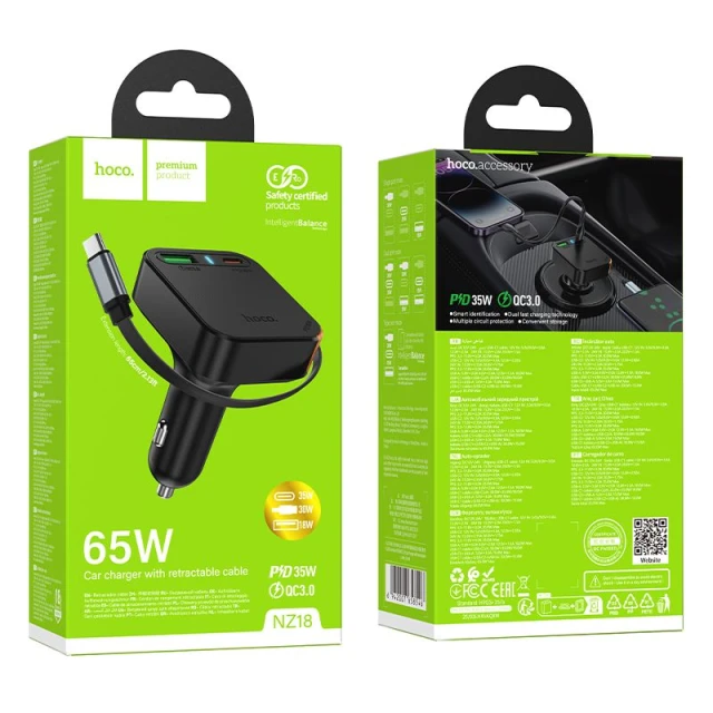 Автомобільний зарядний пристрій Hoco NZ18 зі згортаним кабелем 2x USB C + USB A QC PD 65W Black (6942007658546)