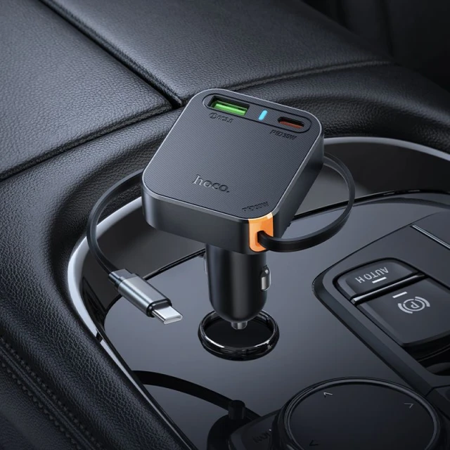 Автомобільний зарядний пристрій Hoco NZ18 зі згортаним кабелем 2x USB C + USB A QC PD 65W Black (6942007658546)