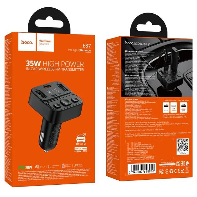 Автомобільний Bluetooth-трансмітер Hoco E87 USB-A + USB-C QC PD 35W Black (6942007658980)