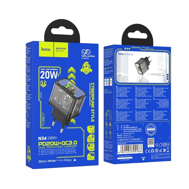 Мережевий зарядний пристрій Hoco N34 USB A + USB C QC3.0 PD 3A 20W Transparent (6942007659147)