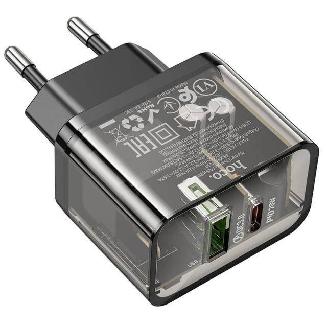 Мережевий зарядний пристрій Hoco N34 USB A + USB C QC3.0 PD 3A 20W Transparent (6942007659147)