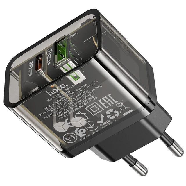 Мережевий зарядний пристрій Hoco N34 USB A + USB C QC3.0 PD 3A 20W Transparent (6942007659147)