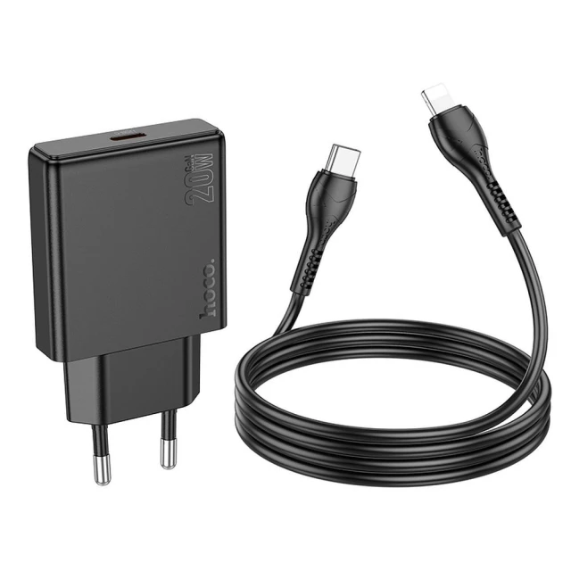 Мережевий зарядний пристрій Hoco N37 Slim USB C QC PD 20W + кабель USB C to Lightning Black (6942007659161)