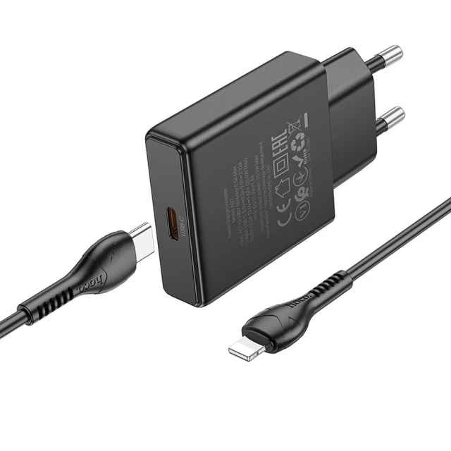 Мережевий зарядний пристрій Hoco N37 Slim USB C QC PD 20W + кабель USB C to Lightning Black (6942007659161)