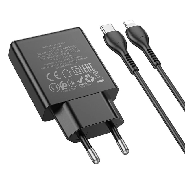 Мережевий зарядний пристрій Hoco N37 Slim USB C QC PD 20W + кабель USB C to Lightning Black (6942007659161)