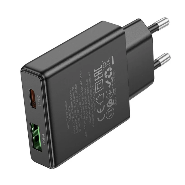 Мережевий зарядний пристрій Hoco N38 Slim USB-A + USB-C QC3.0 PD 20W Black (6942007659178)
