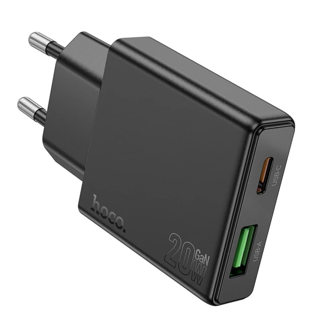 Мережевий зарядний пристрій Hoco N38 Slim USB-A + USB-C QC3.0 PD 20W Black (6942007659178)