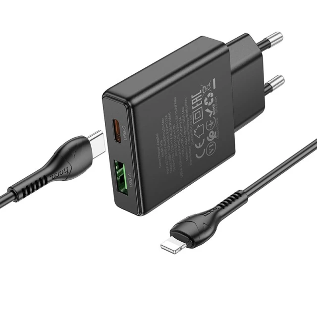 Мережевий зарядний пристрій Hoco N38 Slim USB A + USB C QC3.0 PD 3A 20W + кабель USB C to Lightning Black (6942007659185)