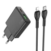 Мережевий зарядний пристрій Hoco N38 Slim USB A + USB C QC3.0 PD 3A 20W + кабель USB C to Lightning Black (6942007659185)