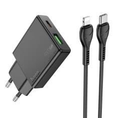 Мережевий зарядний пристрій Hoco N38 Slim USB A + USB C QC3.0 PD 3A 20W + кабель USB C to Lightning Black (6942007659185)