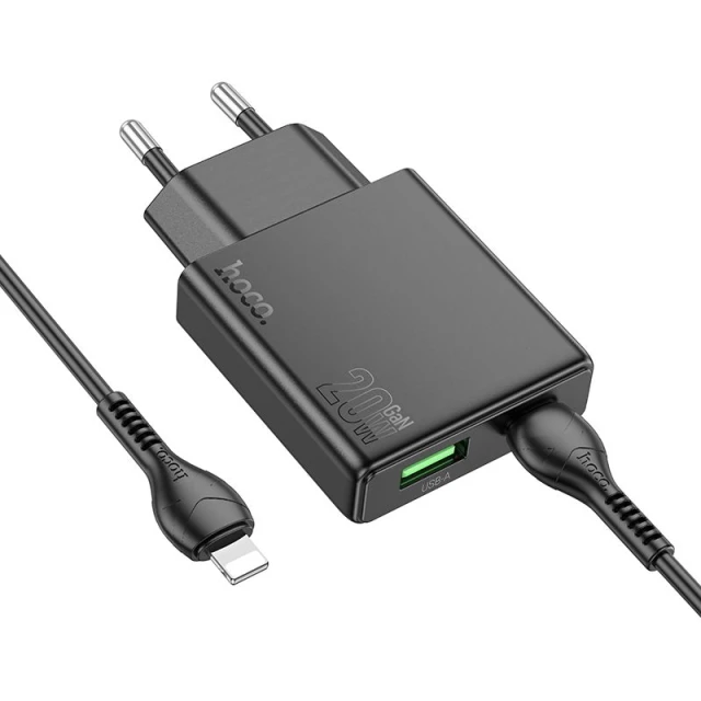 Мережевий зарядний пристрій Hoco N38 Slim USB A + USB C QC3.0 PD 3A 20W + кабель USB C to Lightning Black (6942007659185)