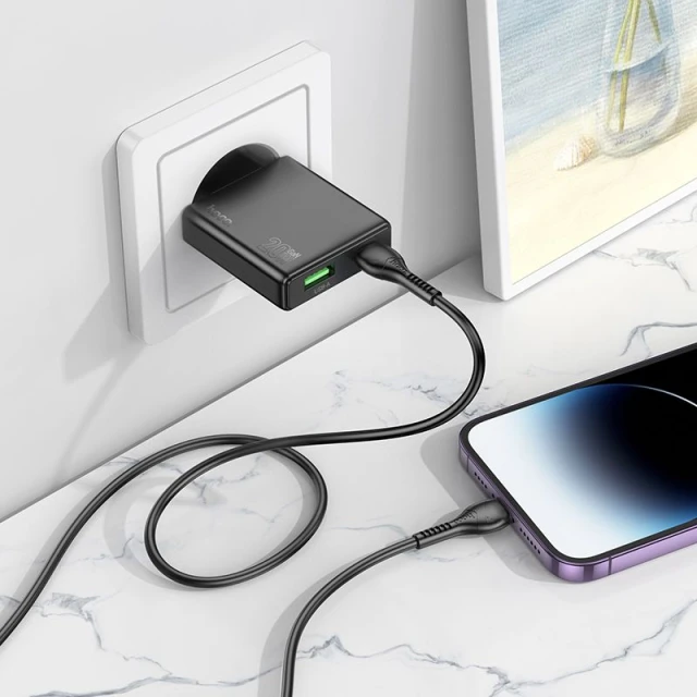 Мережевий зарядний пристрій Hoco N38 Slim USB A + USB C QC3.0 PD 3A 20W + кабель USB C to Lightning Black (6942007659185)