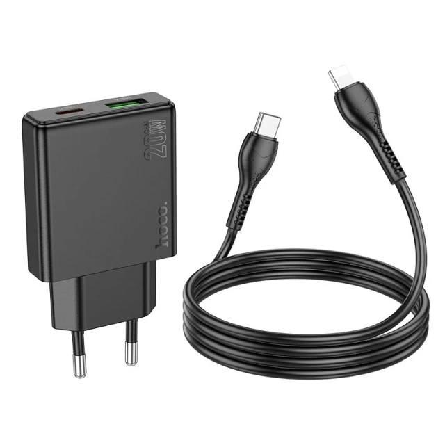 Мережевий зарядний пристрій Hoco N38 Slim USB A + USB C QC3.0 PD 3A 20W + кабель USB C to Lightning Black (6942007659185)