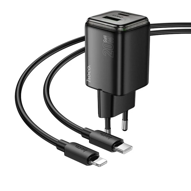 Мережевий зарядний пристрій Hoco N52 USB A + USB C QC3.0 PD 3A 20W + кабель USB C to Lightning Black (6942007659208)