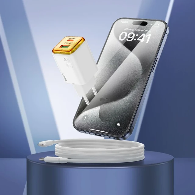 Мережевий зарядний пристрій Hoco N52 USB A + USB C QC3.0 PD 3A 20W + кабель USB C to Lightning White (6942007659215)