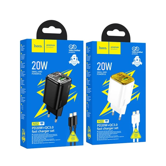 Мережевий зарядний пристрій Hoco N52 USB A + USB C QC3.0 PD 3A 20W + кабель USB C to Lightning White (6942007659215)