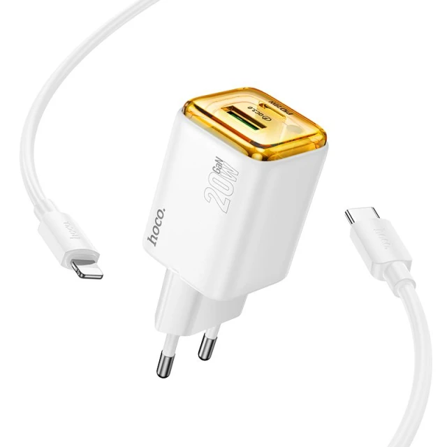 Мережевий зарядний пристрій Hoco N52 USB A + USB C QC3.0 PD 3A 20W + кабель USB C to Lightning White (6942007659215)