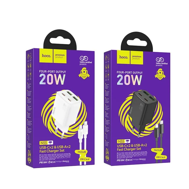 Мережевий зарядний пристрій Hoco N55 2×USB-C + 2×USB-A QC3.0 PD 20W + кабель USB-C to Lightning White (6942007659253)